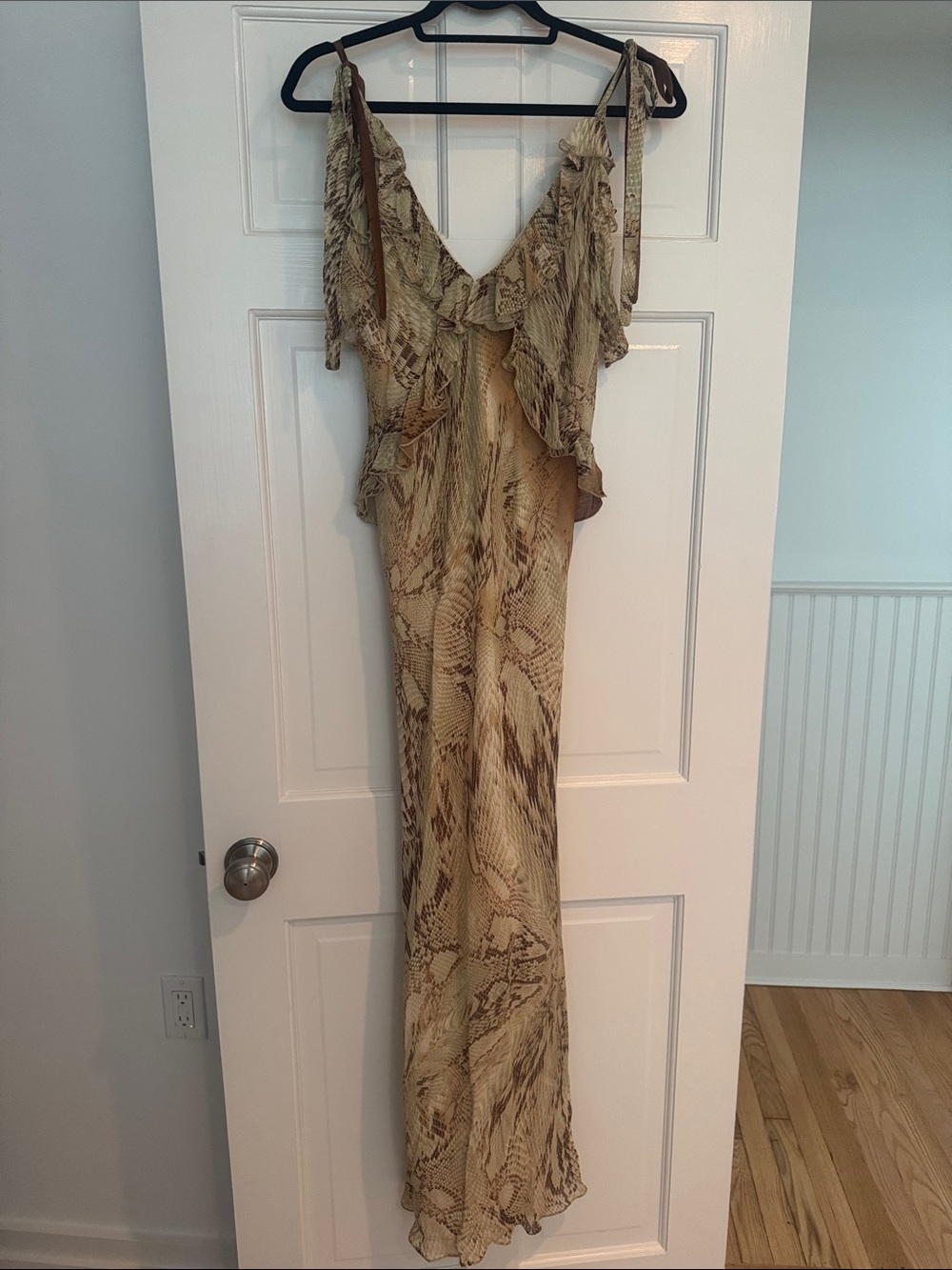 Zara Beige Snake-Print Ruffle Maxi Dress with Tie Straps